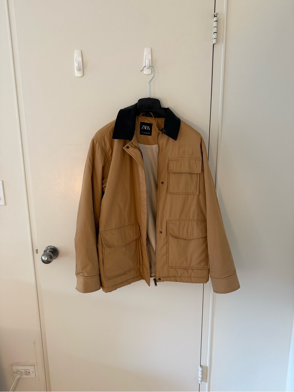 Zara Women’s Tan Field Jacket with faux- leather Contrast Collar